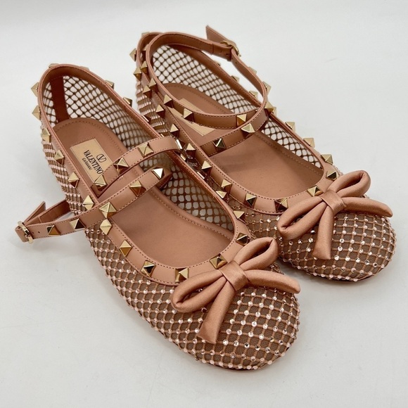 Valentino Garavani Shoes - VALENTINO GARAVANI Rockstud Crystal Net Ankle-Strap Ballerina Flats new 39.5